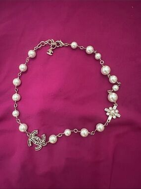 CHANEL White Pearl Link Necklace with Logo and Crystal Cross Charms